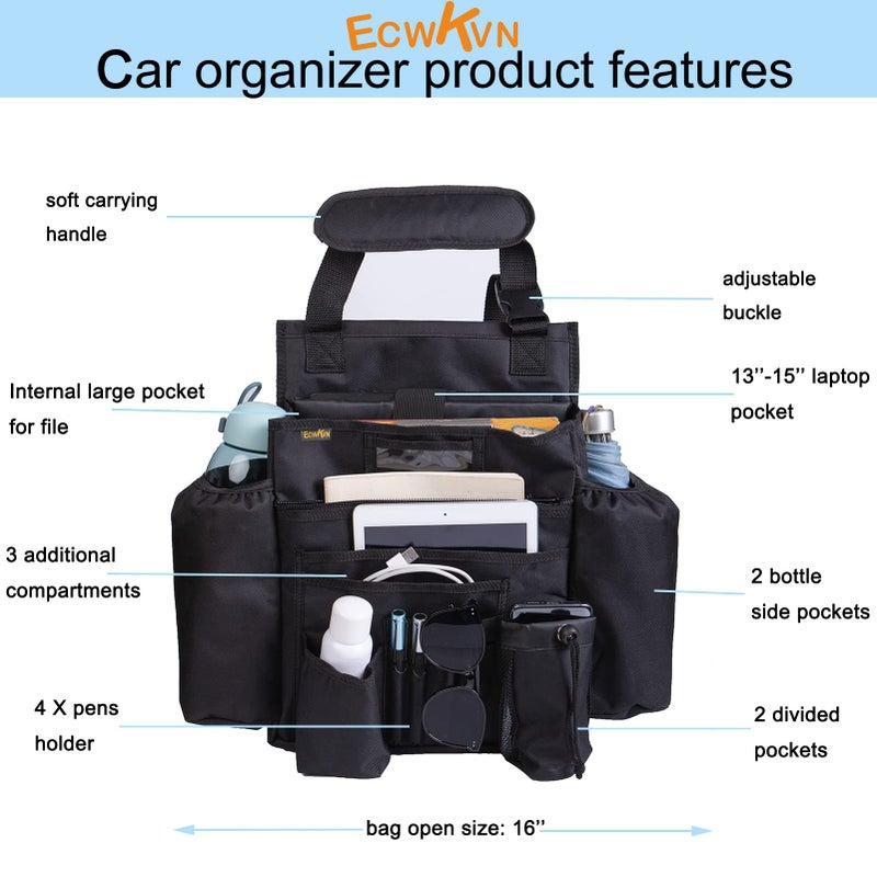 ECWKVN Car Front & Back Seat Organizer with Dedicated Tablet/Laptop Compartment, Passenger Seat File Storage with Cup Holder, Adjustable Backrest, and Padded Shoulder Strap - Image 2